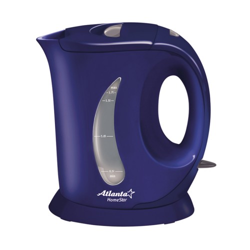 Электрический чайник ATLANTA ATH-735 синий •	электрический чайник; 
•	мощность 2000 Вт;
•	объем: 1,7 л. 

