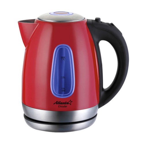 Электрический чайник металлический ATLANTA ATH-786 красный •	электрический чайник; 
•	металлический корпус; 
•	защита от перегрева; 
•	объем: 1.7 л. 

