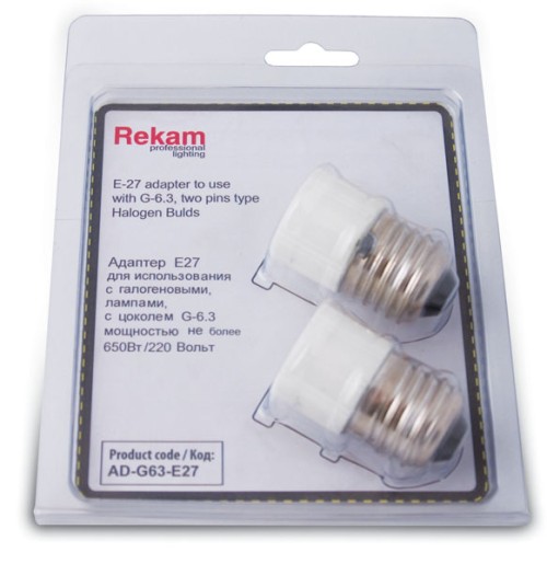 Адаптер-патрон Rekam AD-G63-Е27 для использования с галогенными лампами с цоколем GX6.35, 220 B •	адаптер-патрон для галогенных ламп с цоколем GX6.35, 220 B; 
•	2 шт. 

