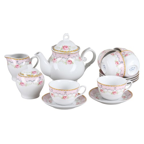 Чайный набор, 15 предметов, Rosenberg RPO-115043 •   чайные пары на 6 персон;
•   заварочный чайник;
•   молочник;
•   сахарница;
•   материал - фарфор.
