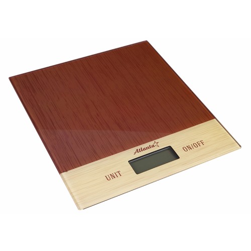 Весы кухонные электронные Atlanta ATH-6207 brown •	электронные кухонные весы; 
•	тонкий корпус; 
•	платформа для взвешивания; 
•	точность взвешивания 1г. 

