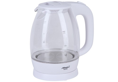 Электрический чайник дисковый Atlanta ATH-2465 white •	дисковый электрический чайник; 
•	объем: 1,7 литра; 
•	иллюминация; 
•	термостойкое стекло; 
•	автоматическое отключение. 

