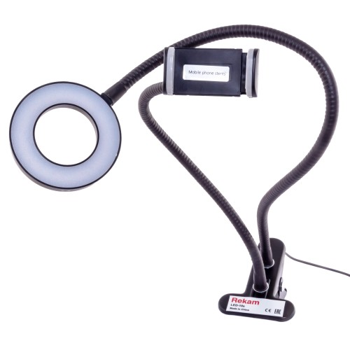 Лампа светодиодная Rekam LED-10s /1 •   уценённый товар: нарушена упаковка;
•   кольцевая светодиодная лампа;
•   количество светодиодов - 24;
•   световой поток - 280 Лм;
•   CRI Ra -  >90;
•   возможность переключения светодиодов, изменяющее цветовую температуру;
•   диммер - ступенчатый; 0 - 100%, шаг: ±10%;
•   питание - USB; напряжение - 5 В, ток - 1.7 А;
