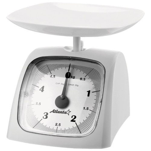 Весы кухонные механические, Atlanta ATH-6180 white •	механические кухонные весы; 
•	чаша для продуктов; 
•	нагрузка до 5 кг; 
•	точность измерения 25 г. 

