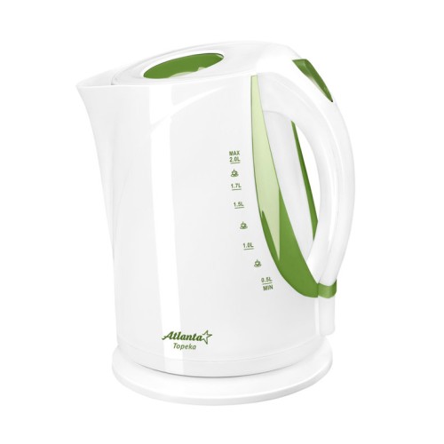 Электрический чайник дисковый ATLANTA ATH-2373 белый с зеленым •	электрический, дисковый чайник; 
•	2 литра;
•	автоматическое отключение; 
•	защита от перегрева без воды. 

