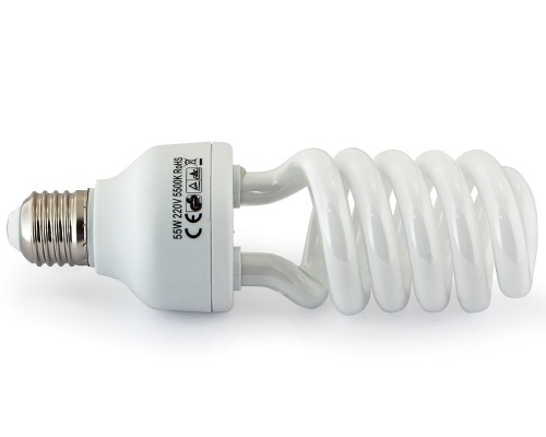 Лампа флуоресцентная Rekam FL1 55W 55 Вт, 5500 К, цоколь Е27 •   лампа предназначена для использования в осветителях постоянного освещения в условиях внутри помещения;
•   является аналогом галогенной лампы накаливания мощностью 275 Ватт (коэффициент:  x5).
