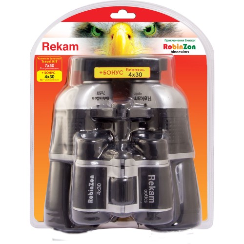 Комплект биноклей Rekam RobinZon Travel Kit 7х50 и 4х30 •	призмы Porro;
•	антибликовое покрытие; 
•	быстрая настройка;
•	легкий и сбалансированный корпус.

