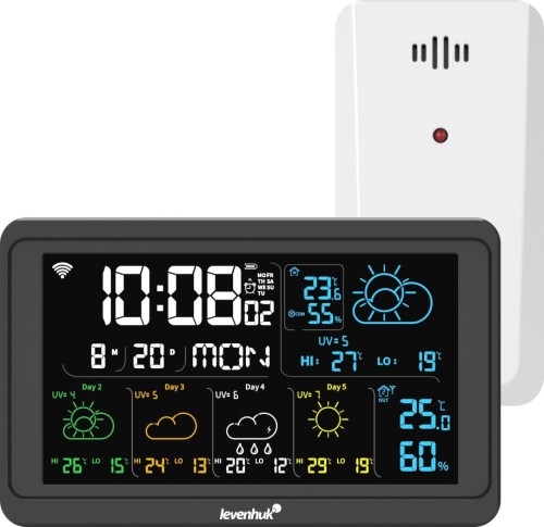 Метеостанция Levenhuk Wezzer PLUS LP80 LEVENHUK •   измерение температуры и влажности в доме и на улице;
•   часы, календарь, встроенный будильник;
•   сохранение предельных значений, оповещения о некомфортной температуре;
•   8-дюймовый цветной ЖК-экран, прогноз погоды в пиктограммах на 5 дней;
•   дистанционное управление по Wi-Fi через приложение.

