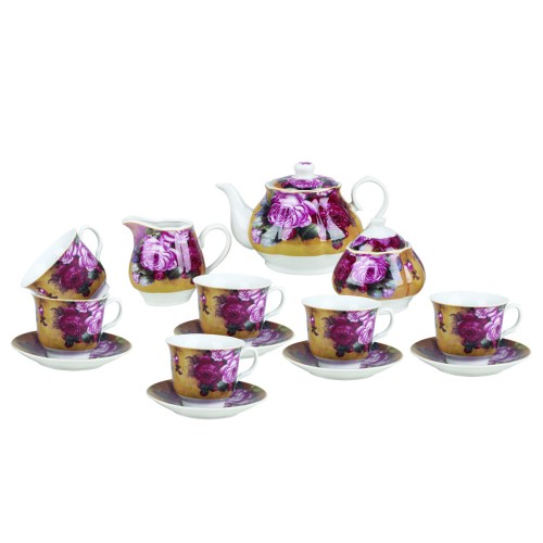 Чайный набор, 15 предметов, Rosenberg R-115126 •   набор из чашек с блюдцами, сахарницы, молочника и заварочного чайника;
•   объём чашки - 250 мл;
•   объём чайника - 900 мл;
•   материал набора - керамика.
