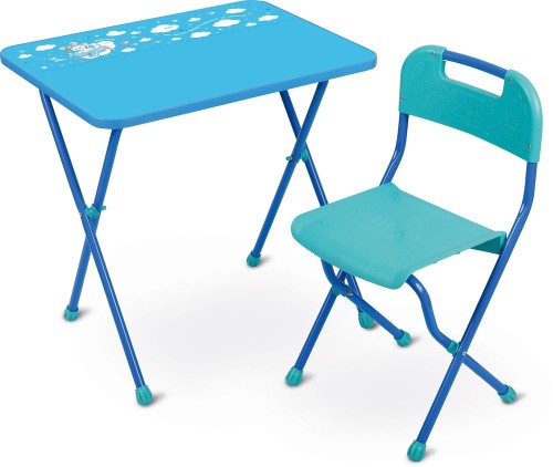 Детский комплект мебели голубой, КА2_Г •   комплект складной мебели - стол и стул;
•   размеры столешницы - 600х450 мм;
•   размеры сиденья - 260х290 мм;
•   материалы комплекта: металл, пластик.
