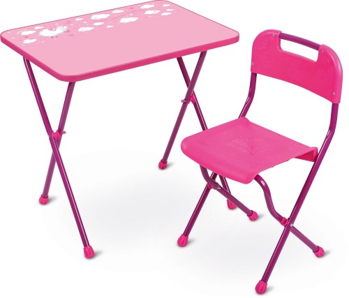 Детский комплект мебели розовый, КА2/Р •   комплект складной мебели - стол и стул;
•   размеры столешницы - 600х450 мм;
•   размеры сиденья - 260х290 мм;
•   материалы комплекта: металл, пластик.
