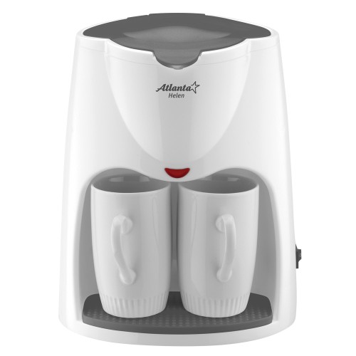 Кофеварка электрическая, Atlanta ATH-2208 white •   объём кофеварки - 330 мл;
•   две керамические чашки;
•   съёмный поддон;
•   сетчатый съёмный фильтр;
•   номинальная мощность - 500 Вт.
