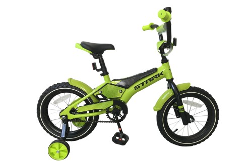 Велосипед Stark&#039;19 Tanuki 14 Boy зелёный/чёрный STARK •   колеса 14";
•   материал рамы - алюминиевый сплав;
•   количество скоростей - 1;
•   переднего тормоза нет, задний тормоз - ножной;
•   вес велосипеда - 8.7 кг.
