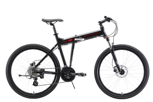 Горный велосипед Stark&#039;19 Cobra 26.3 HD 20 чёрный/красный/серый •   колеса 26.3 дюйма;
•   складная конструкция рамы;
•   материал рамы - алюминиевый сплав;
•   количество скоростей - 24;
•   пол - унисекс;
•   амортизация - Hard tail, ход вилки - 100 мм;
•   задний тормоз - дисковый гидравлический;
•   задний переключатель - Shimano Altus RD-M310;
