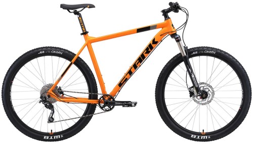 Горный велосипед Stark&#039;19 Krafter 29.7 HD 18 оранжевый/чёрный •   диаметр колёс - 29.7 дюйма;
•   материал рамы - алюминиевый сплав;
•   количество скоростей - 10;
•   пол - унисекс;
•   амортизация: Hard tail, ход вилки - 100 мм;
•   задний тормоз - дисковый гидравлический;
•   задний переключатель - RD-M610-10.
