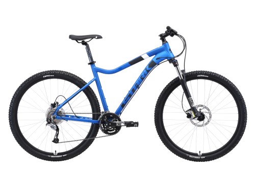 Горный велосипед Stark&#039;19 Tactic 29.5 HD голубой/чёрный/белый 18 •    колеса 29.5";
•    материал рамы - алюминиевый сплав;
•    количество скоростей - 27;
•    пол райдера - унисекс;
•    амортизация -  Hard tail, ход вилки - 100 мм;
•    задний тормоз - дисковый гидравлический;
•    задний переключатель - Shimano Acera RD-M3000.
