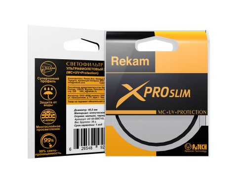 Светофильтр ультрафиолетовый Rekam X PRO SLIM MC UV Protection 40,5 мм •	ультратонкий профиль; 
•	антибликовое покрытие оправы фильтра; 
•	16 слоев специального просветляющего состава; 
•	водоотталкивающее покрытие. 

