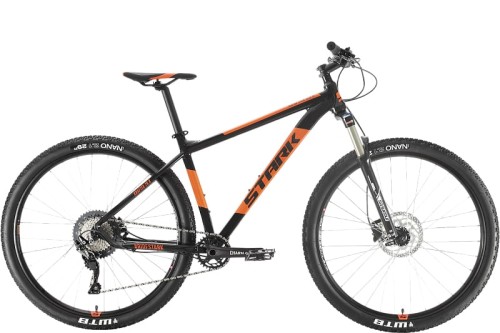Горный велосипед Stark&#039;20 Krafter 29.8 HD SLX 22 чёрный/оранжевый •   колеса 29.8 дюйма; 
•   материал рамы: алюминиевый сплав;
•   количество скоростей: 11;
•   пол: унисекс;
•   амортизация: Hard tail, ход вилки - 100 мм;
•   задний тормоз - дисковый гидравлический;
•   задний переключатель - Shimano SLX RD-M7000.
