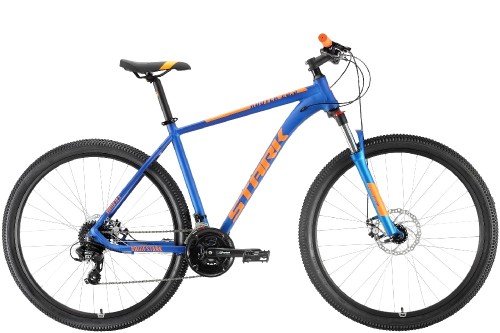 Горный велосипед STARK Router 29.3 D 22 синий/оранжевый •   колеса 29.3 дюйма;
•   материал рамы - алюминиевый сплав;
•   количество скоростей - 24;
•   пол - унисекс;
•   амортизация: Hard tail, ход вилки - 100 мм;
•   задний тормоз - дисковый гидравлический;
•   задний переключатель - Shimano Tourney RD-TX800.
