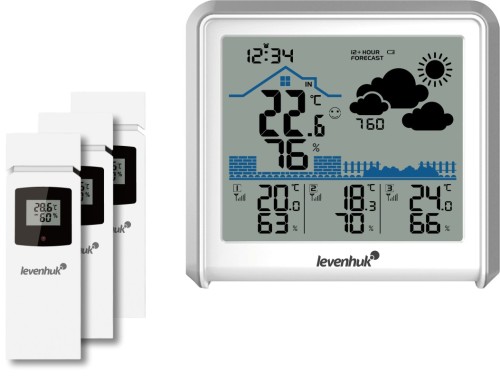 Метеостанция Levenhuk Wezzer PLUS LP50 •   измеряет температуру и влажность воздуха сразу в 4-х местах;
•   часы с будильником, календарь, встроенный барометр;
•   сохранение максимальных и минимальных результатов измерений;
•   индикатор-смайлик для оценки уровня комфорта, 5 иконок метеопрогноза;
•   основной блок и датчики оснащены экранами, все устройства работают от батареек.
