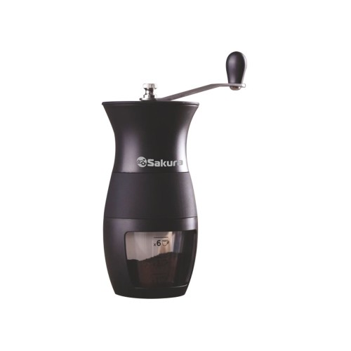 Кофемолка механическая Sakura SA-6159bk •   керамические жернова; 
•   регулировка степени помола; 
•   до 6 порций кофе.
